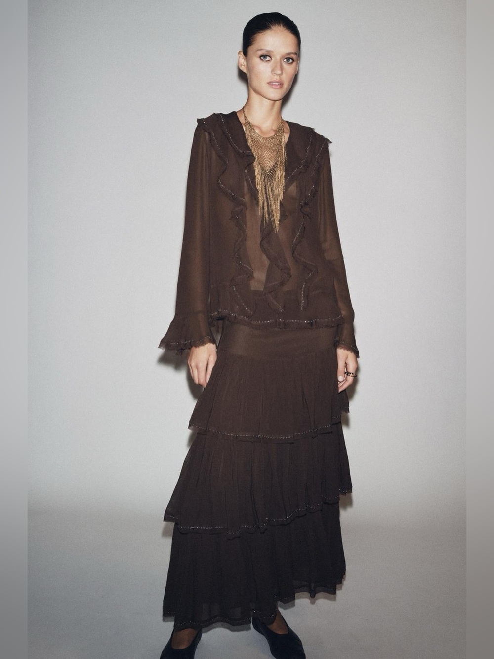 Zara NWT ZW Collection Brown Romantic Victorian Beaded Ruffle Blouse (Size XS) - Picture 5 of 10